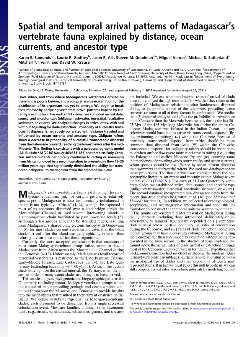 PDF) Spatial and temporal arrival patterns of Madagascar's vertebrate fauna  explained by distance, ocean currents, and ancestor type