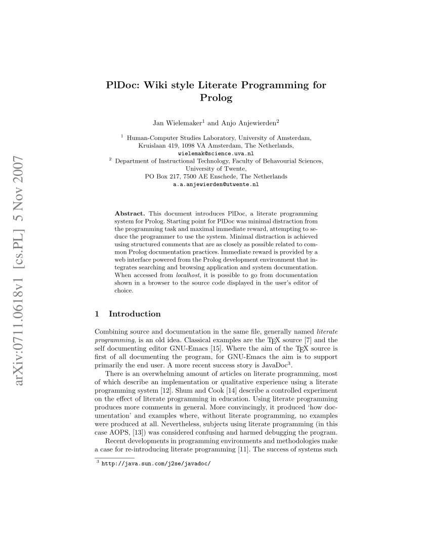 PDF) PIDoc: Wiki style Literate Programming for Prolog