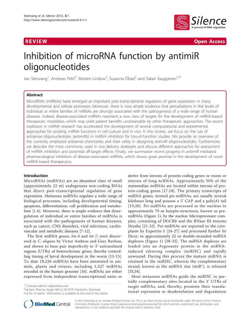 Pdf Inhibition Of Microrna Function By Antimir Oligonucleotides