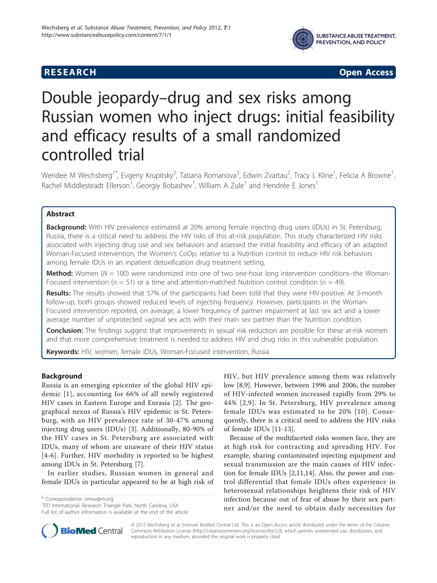 PDF) Double jeopardy--drug and sex risks among Russian women who inject  drugs: Initial feasibility and efficacy results of a small randomized  controlled trial