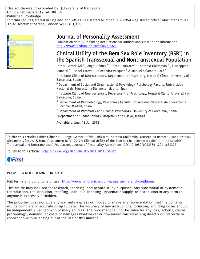 PDF Clinical Utility of the Bem Sex Role Inventory BSRI in the  