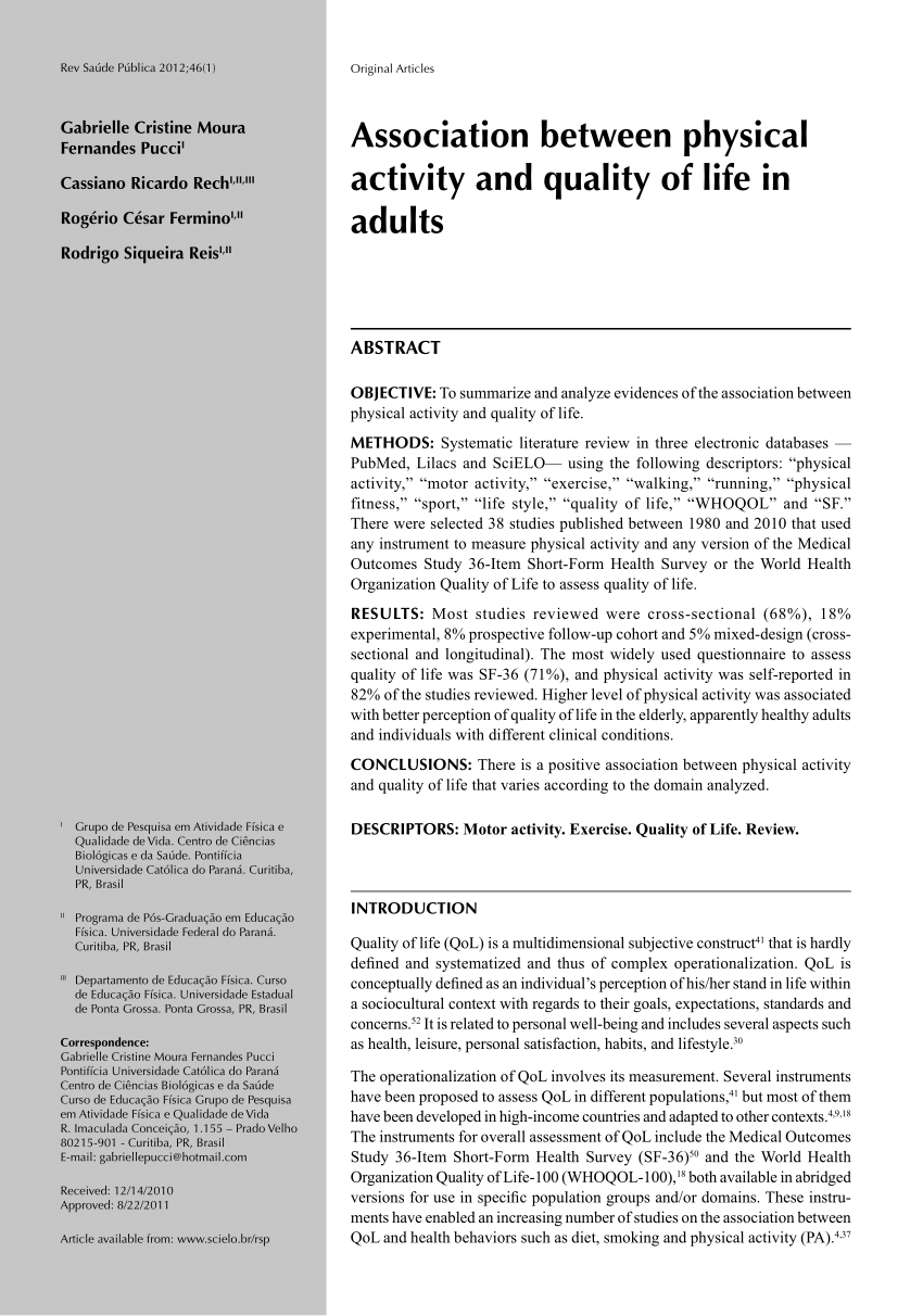 Pdf Association Between Physical Activity And Quality Of Life In Adults