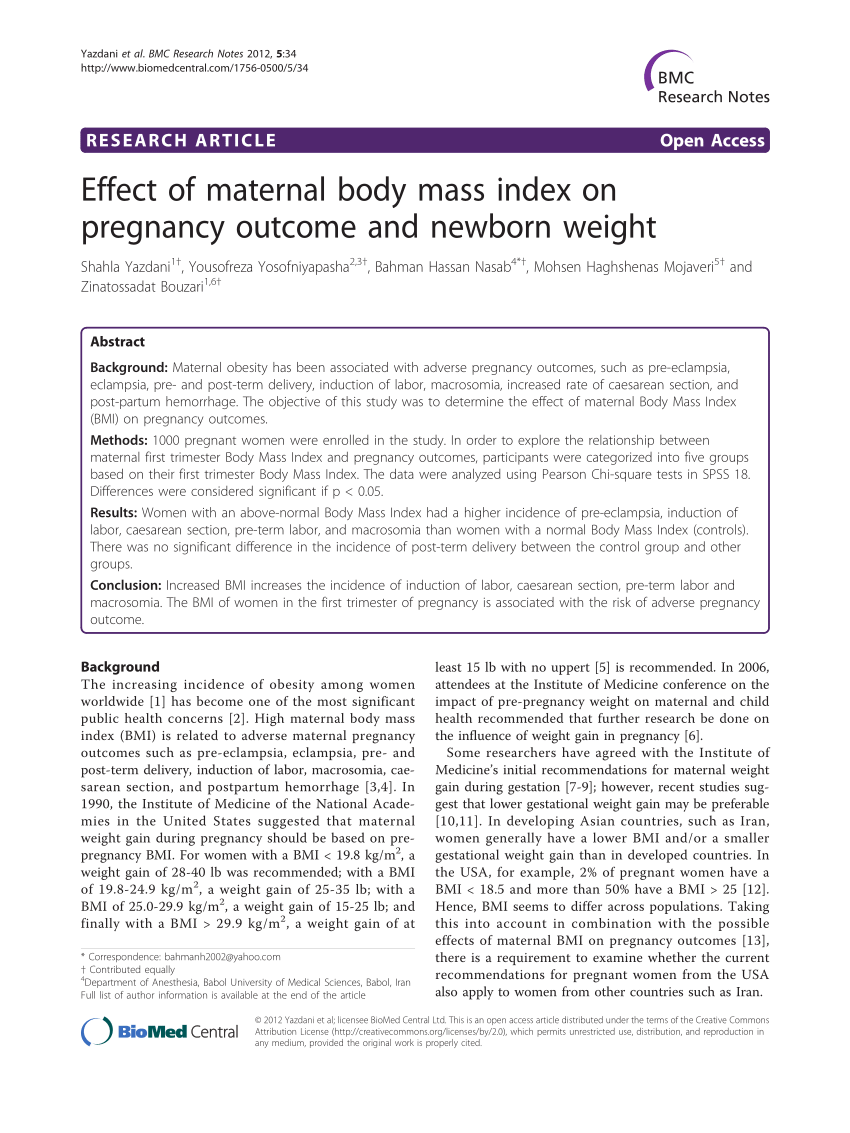 Pdf Effect Of Maternal Body Mass Index On Pregnancy Outcome And Newborn Weight 5915