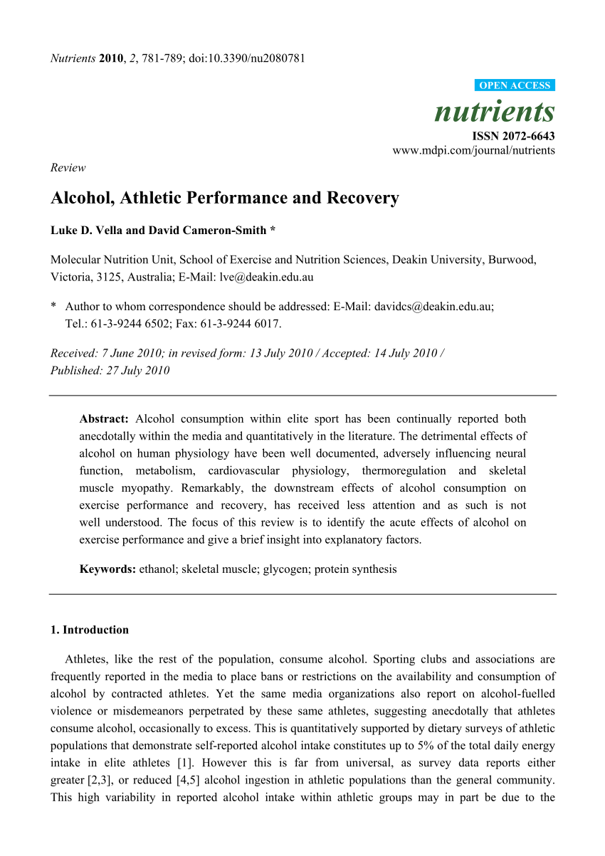 Pdf Alcohol Athletic Performance And Recovery