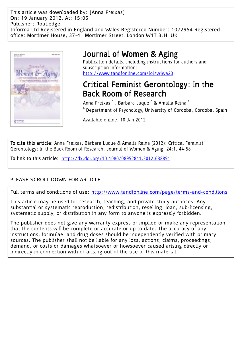 Pdf Critical Feminist Gerontology In The Back Room Of Research