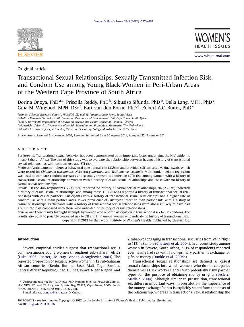 PDF) Transactional Sexual Relationships, Sexually Transmitted Infection Risk, and Condom Use among Young Black Women in Peri-Urban Areas of the Western Cape Province of South Africa picture