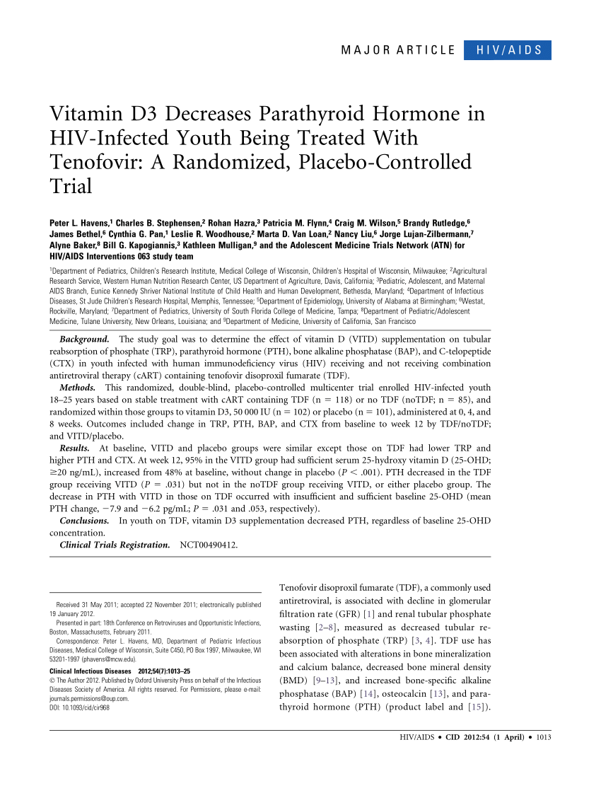 PDF) Vitamin D3 Decreases Parathyroid Hormone in HIV-Infected Youth Being  Treated With Tenofovir: A Randomized, Placebo-Controlled Trial