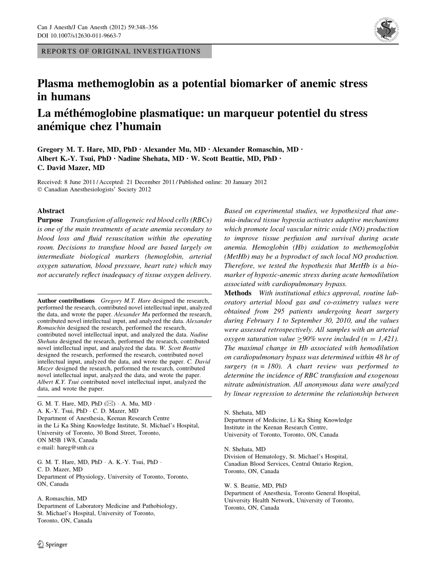 Pdf Plasma Methemoglobin As A Potential Biomarker Of Anemic Stress In Humans