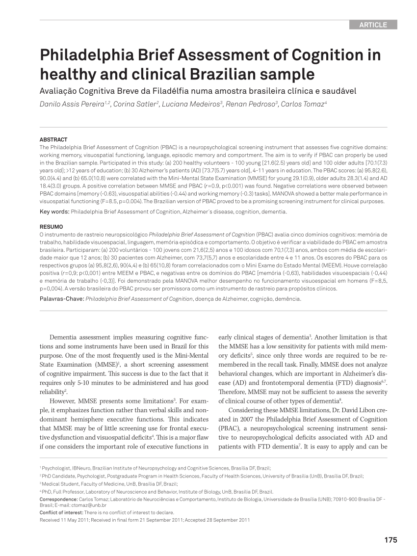 (PDF) Philadelphia Brief Assessment of Cognition in healthy and