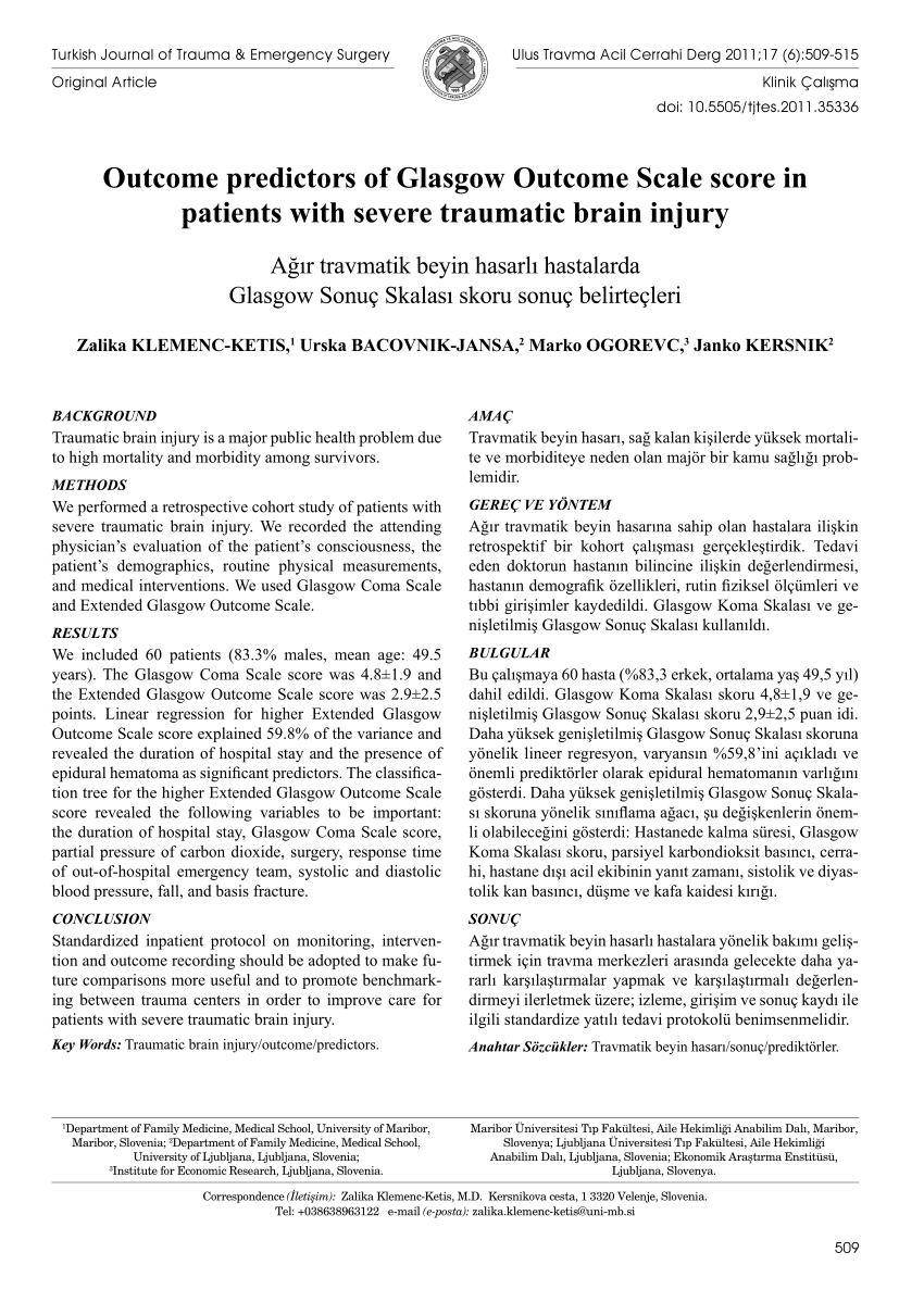 Pdf Outcome Predictors Of Glasgow Outcome Scale Score In Patients With Severe Traumatic Brain Injury