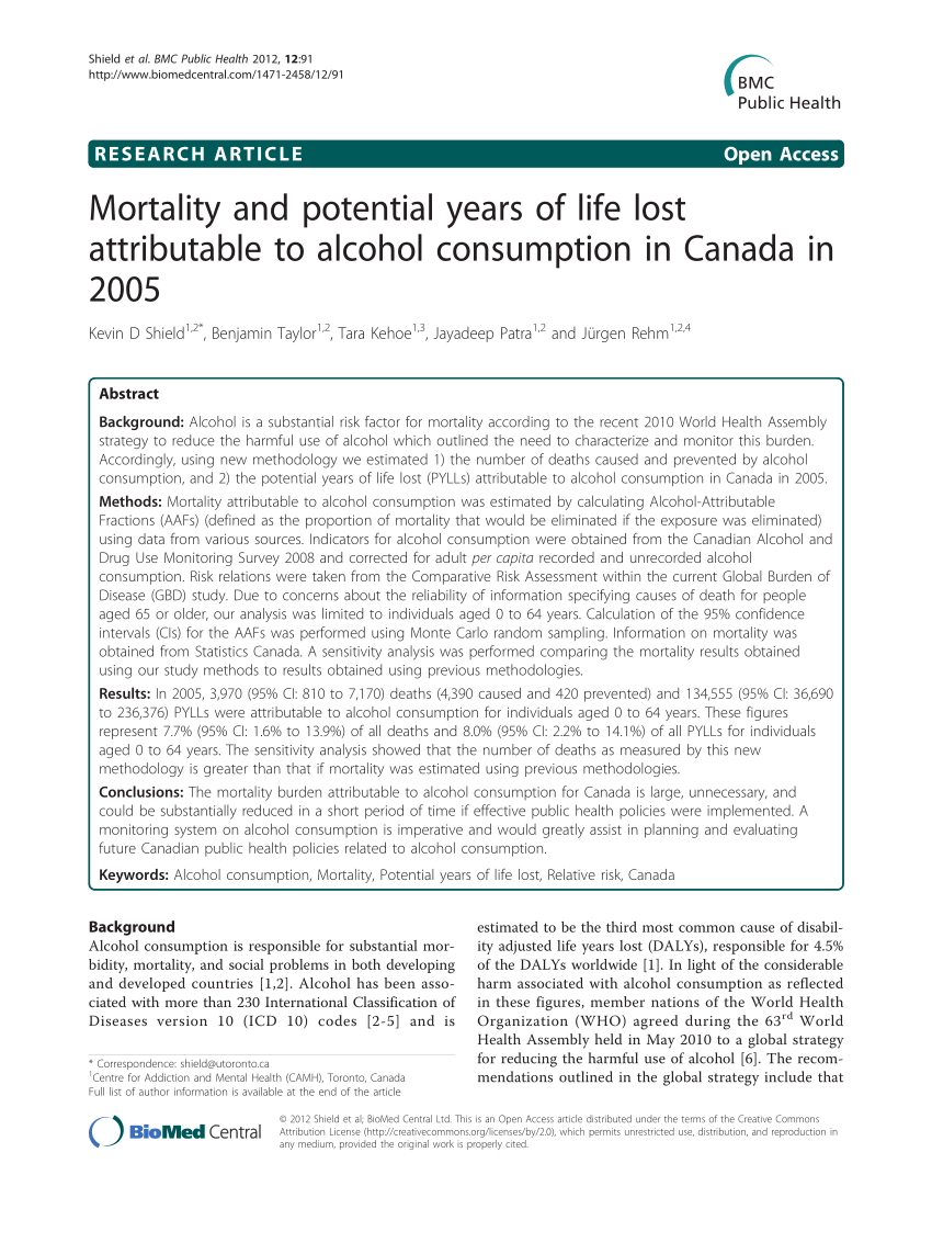 Pdf Mortality And Potential Years Of Life Lost Attributable To Alcohol Consumption In Canada
