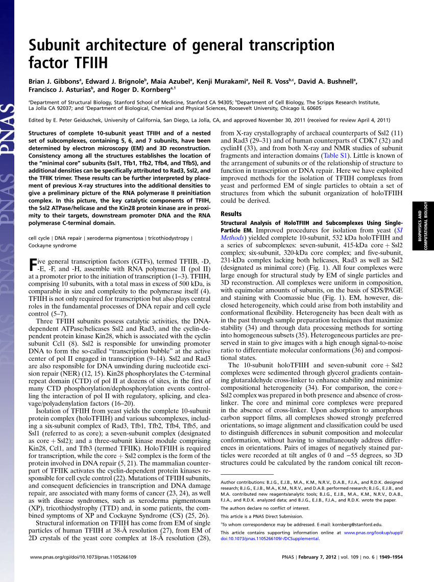 Pdf Subunit Architecture Of General Transcription Factor Tfiih