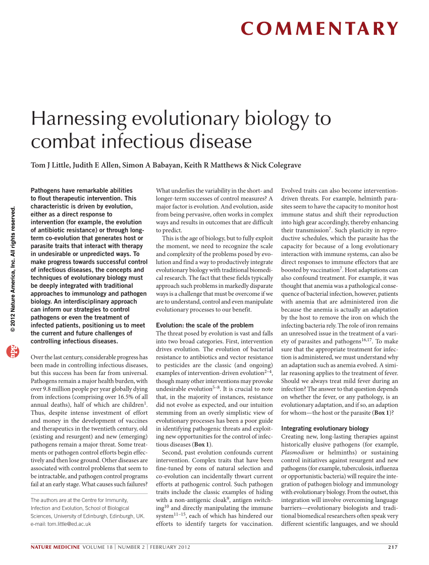 PDF Harnessing evolutionary biology to combat infectious disease