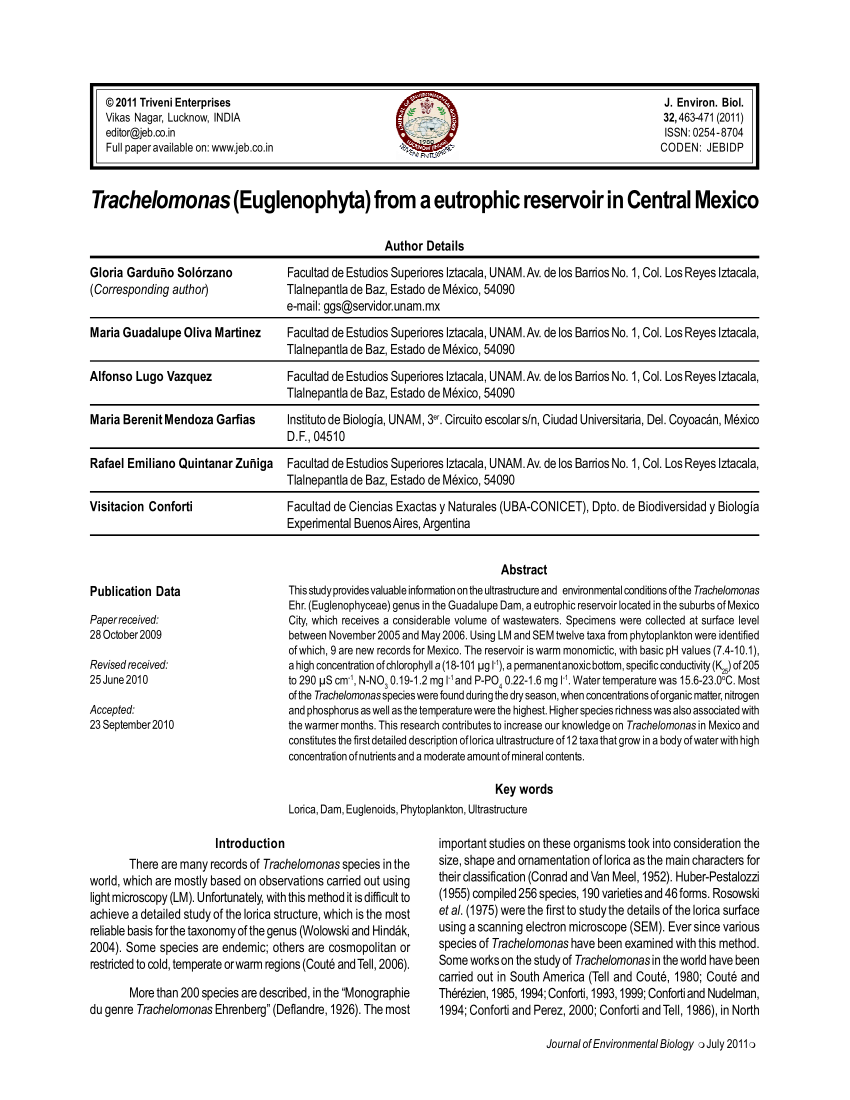 Pdf Trachelomonas Euglenophyta From A Eutrophic Reservoir In Central Mexico