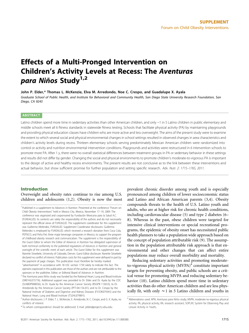 Pdf Effects Of A Multi Pronged Intervention On Children S Activity Levels At Recess The Aventuras Para Ninos Study
