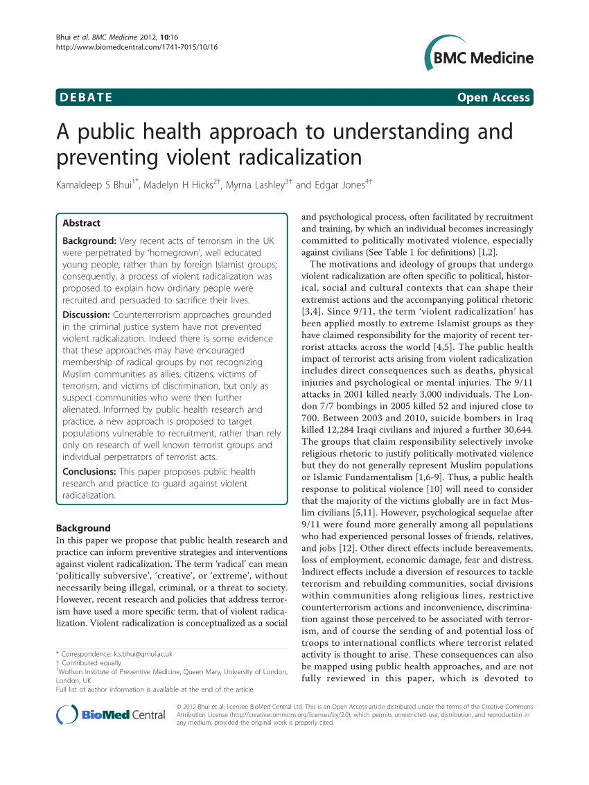 Pdf A Public Health Approach To Understanding And Preventing Violent Radicalization 5470