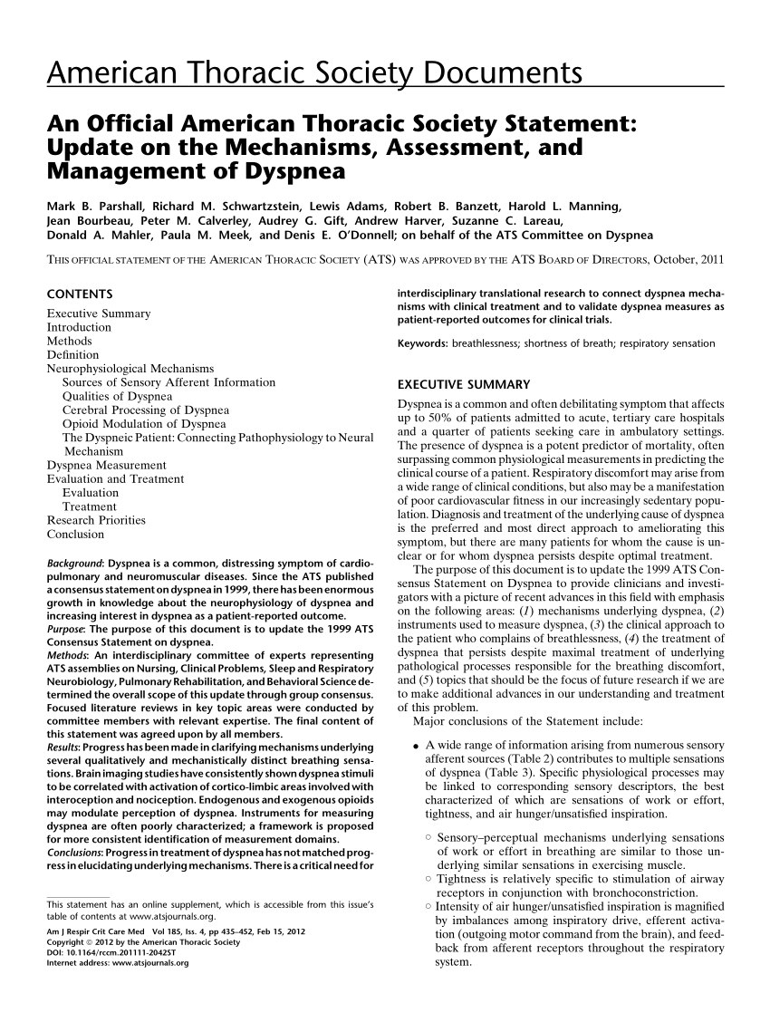 Pdf An Official American Thoracic Society Statement Update On The Mechanisms Assessment And Management Of Dyspnea American Thoracic Society Am J Respir Crit Care Med 2012 185 4 435 52 10 1164 Rccm 201111 2042st