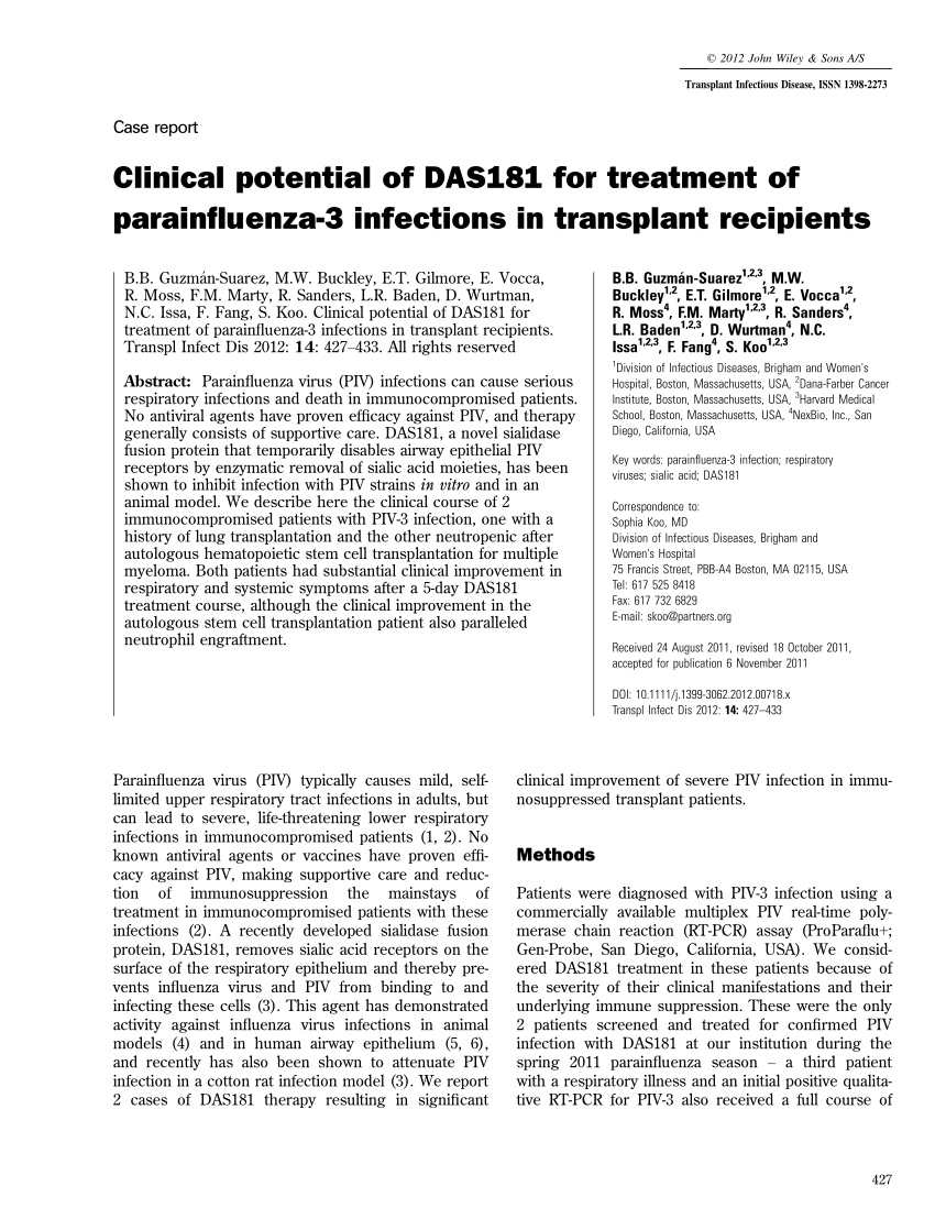 Pdf Clinical Potential Of Das181 For Treatment Of Parainfluenza 3 Infections In Transplant Recipients