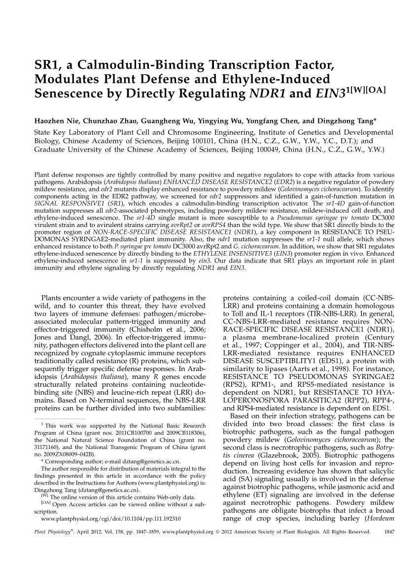 Pdf Sr1 A Calmodulin Binding Transcription Factor Modulates Plant Defense And Ethylene Induced Senescence By Directly Regulating Ndr1 And Ein3