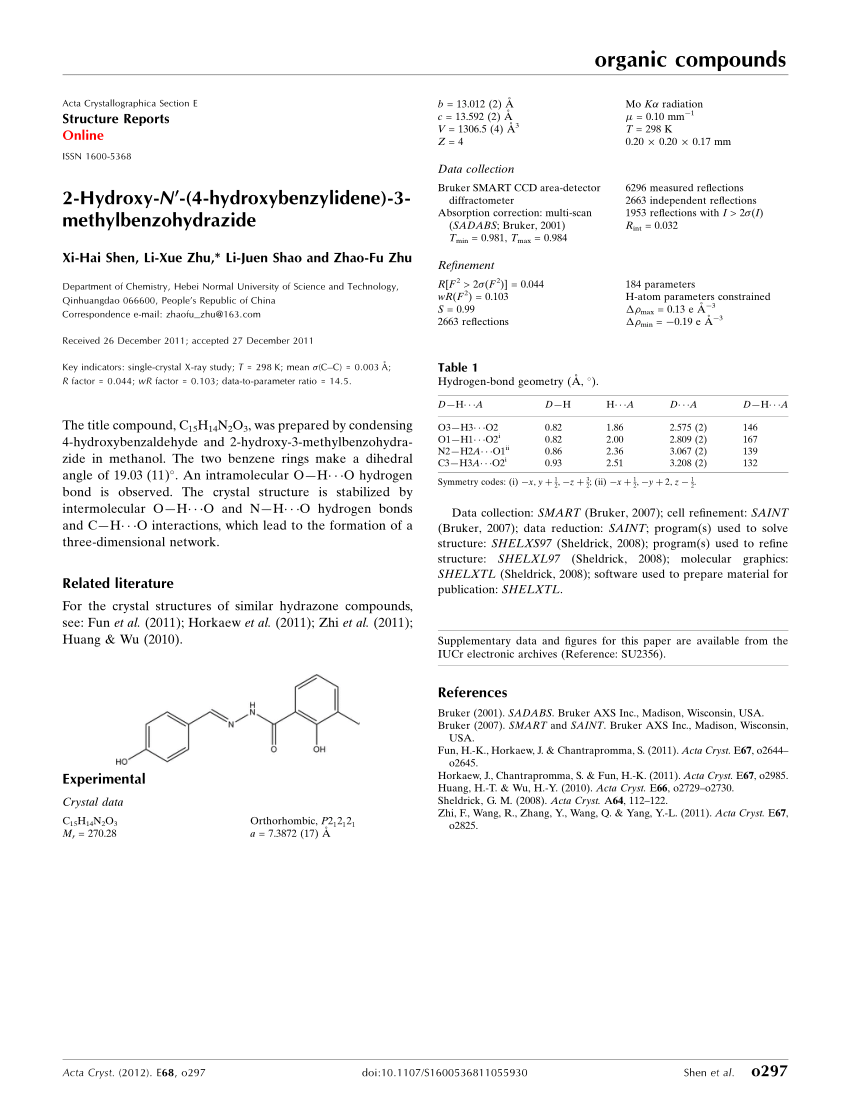 Pdf 2 Hy Droxy N 4 Hy Droxy Benzyl Idene 3 Methyl Benzohydrazide 6061