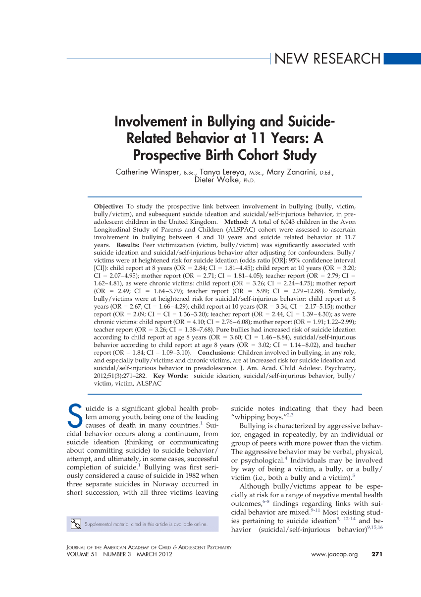 Pdf Involvement In Bullying And Suicide Related Behavior At 11 Years A Prospective Birth Cohort Study