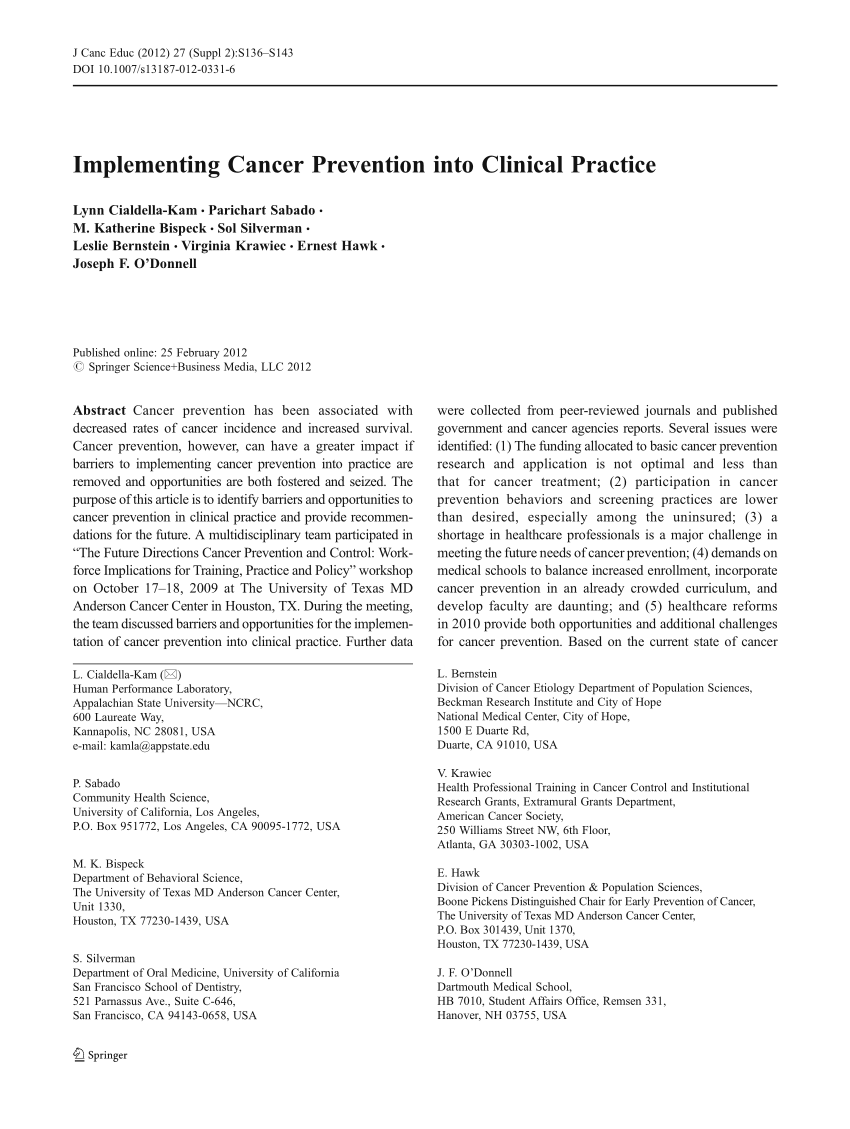 Pdf Implementing Cancer Prevention Into Clinical Practice 