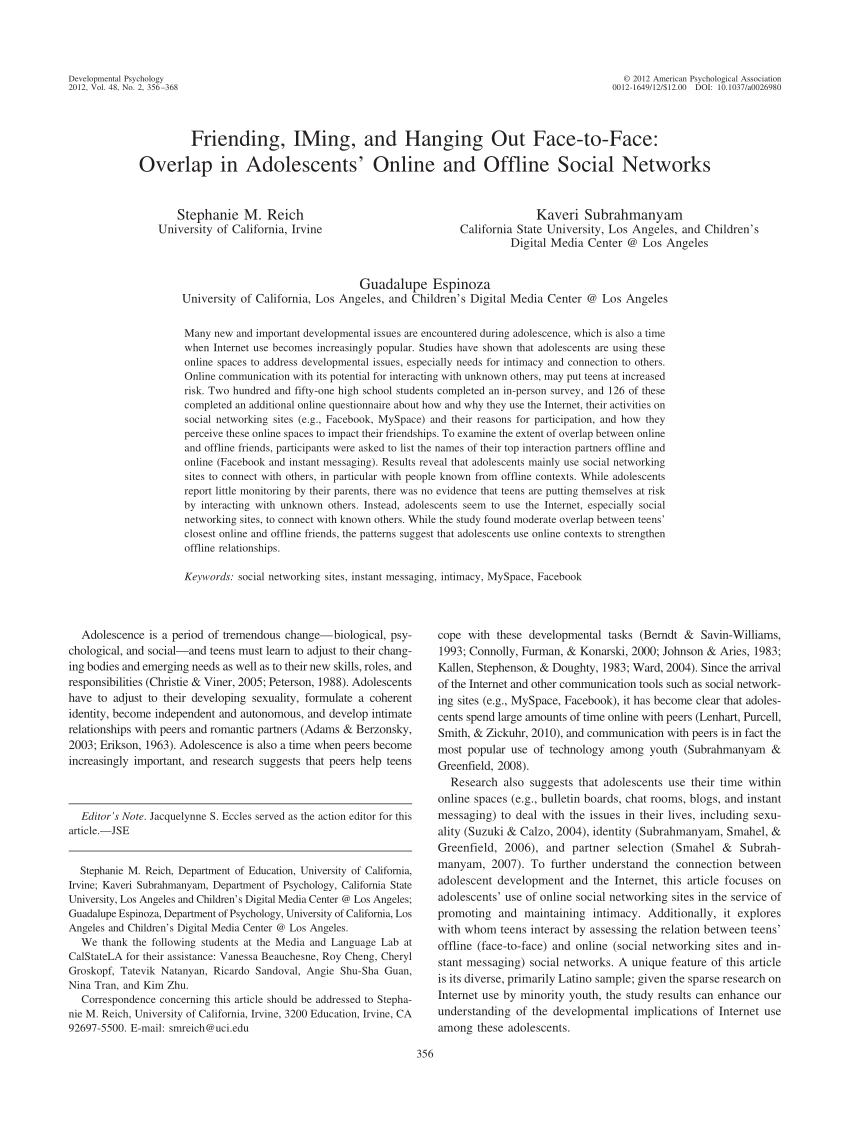 PDF) Friending, IMing, and Hanging Out Face-to-Face: Overlap in  Adolescents' Online and Offline Social Networks