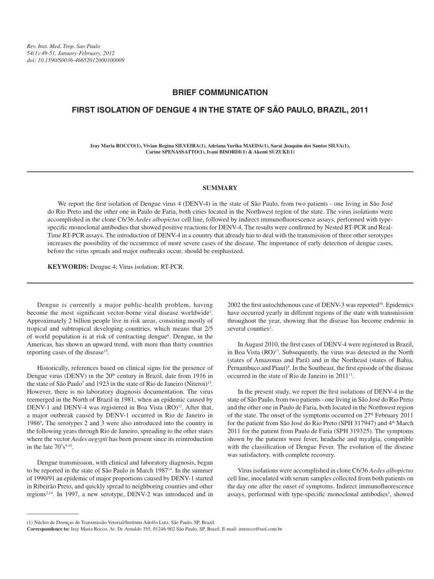 PDF First isolation of Dengue 4 in the state of São Paulo Brazil  