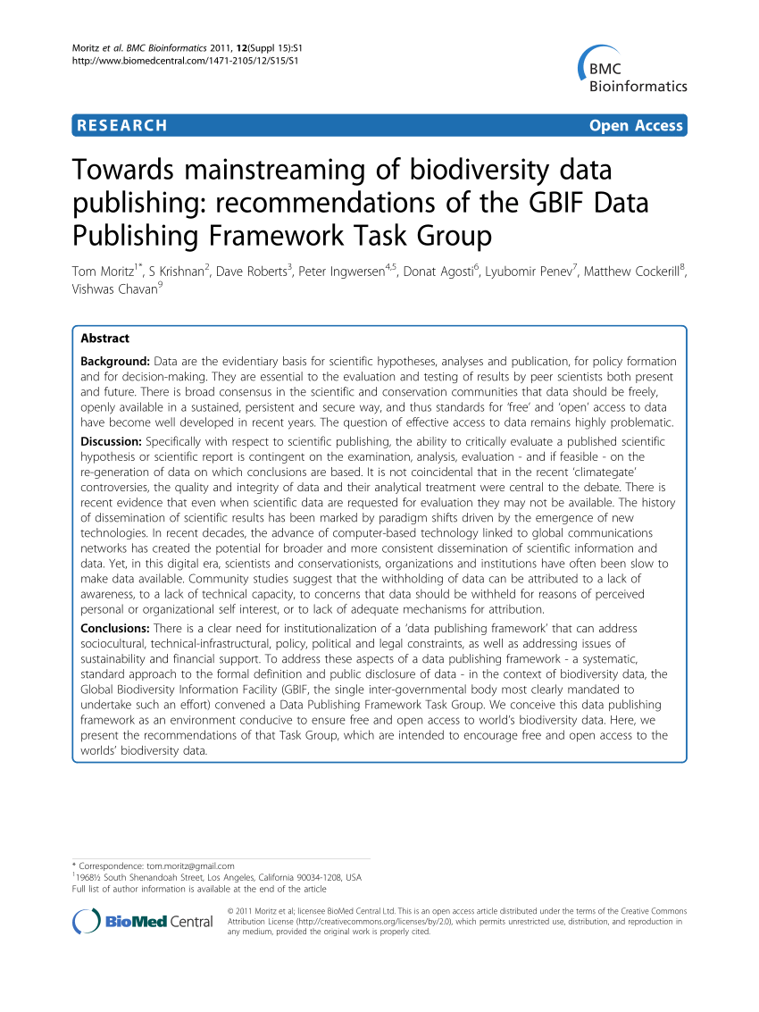 PDF) Towards mainstreaming of biodiversity data publishing: recommendations  of the GBIF Data Publishing Framework Task Group