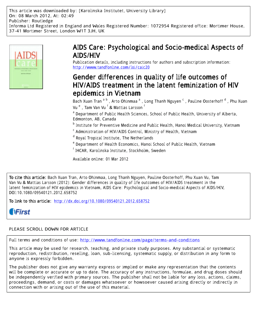 Pdf Gender Differences In Quality Of Life Outcomes Of Hivaids Treatment In The Latent 8713