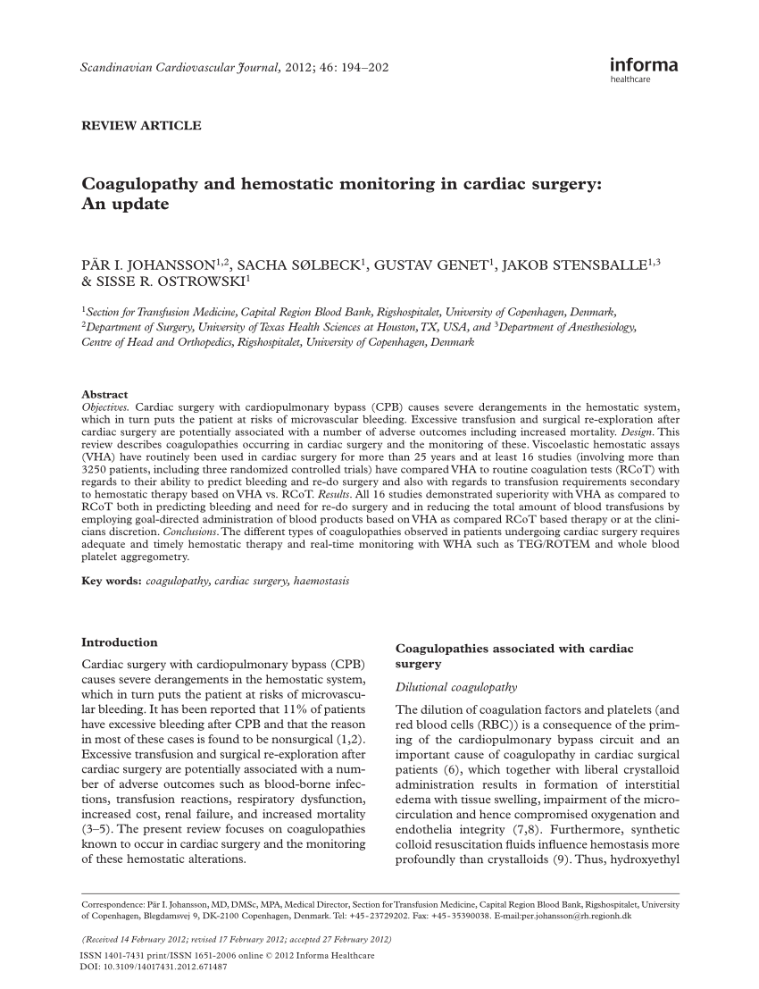 Pdf Coagulopathy And Hemostatic Monitoring In Cardiac - 