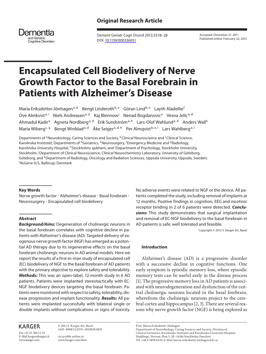 Pdf Encapsulated Cell Biodelivery Of Nerve Growth Factor To The Basal Forebrain In Patients 0806