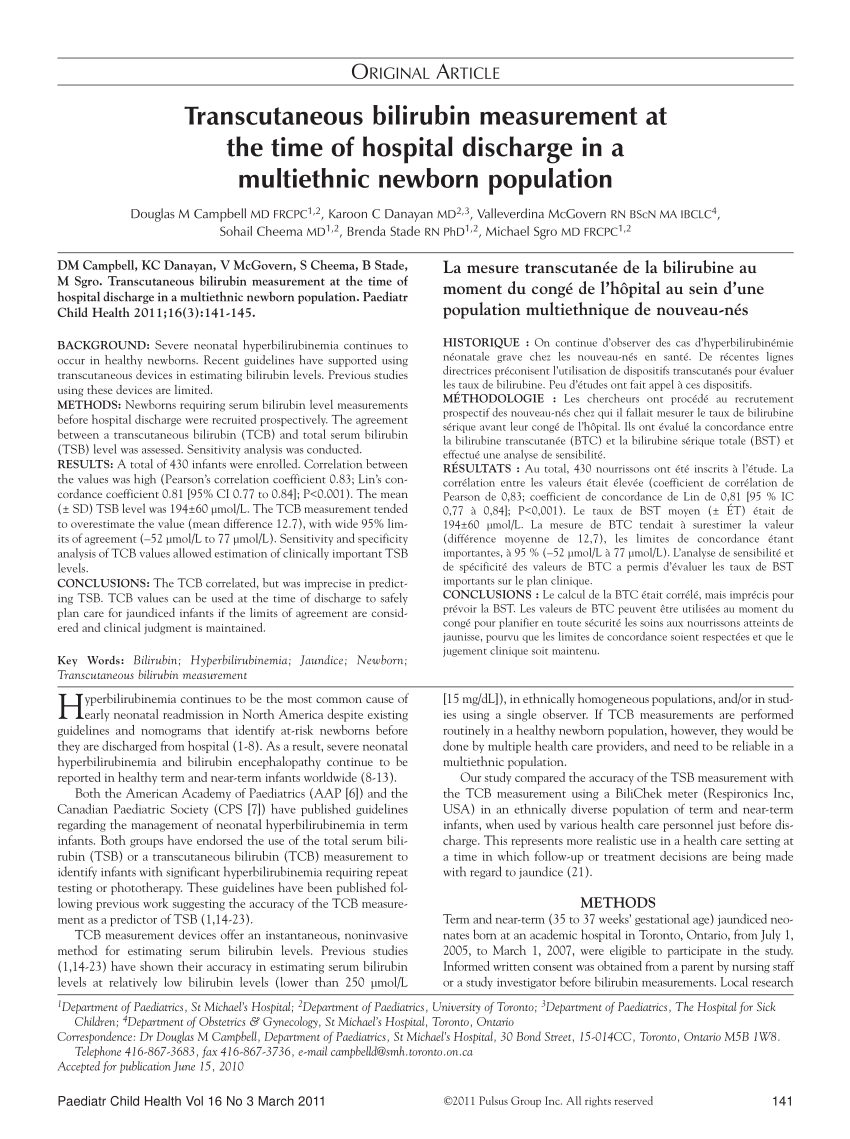 (PDF) Transcutaneous bilirubin measurement at the time of hospital