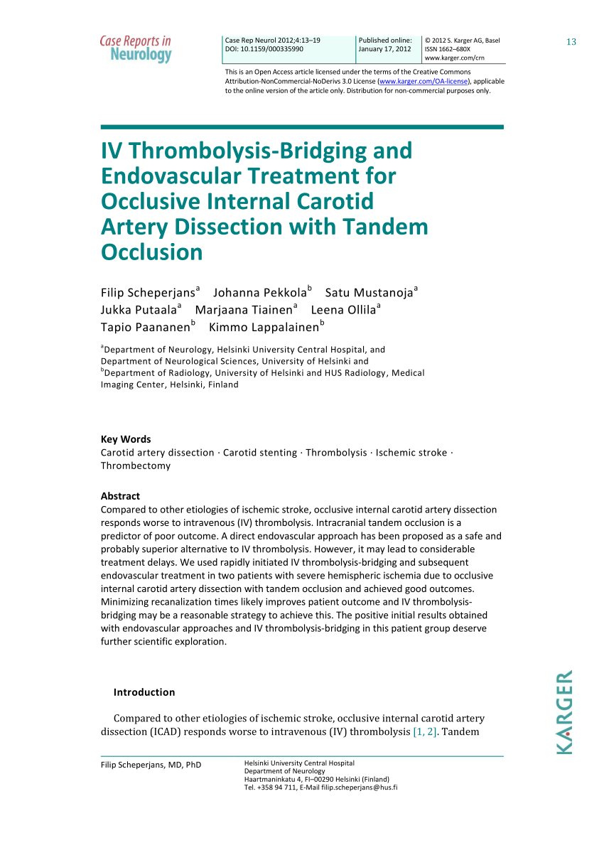 PDF) IV Thrombolysis-Bridging and Endovascular Treatment for Occlusive  Internal Carotid Artery Dissection with Tandem Occlusion