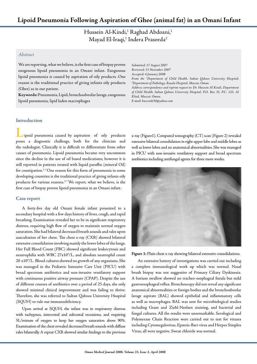 PDF) Lipoid Pneumonia Following Aspiration of Ghee (animal fat) in an Omani  Infant