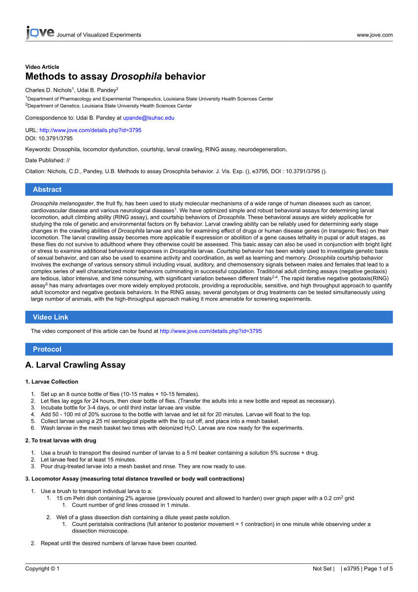 Pdf Methods To Assay Drosophila Behavior