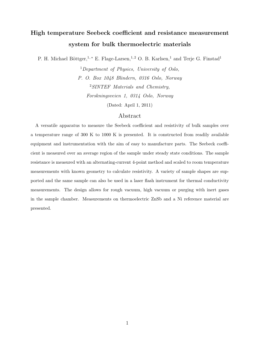 Pdf High Temperature Seebeck Coefficient And Resistance