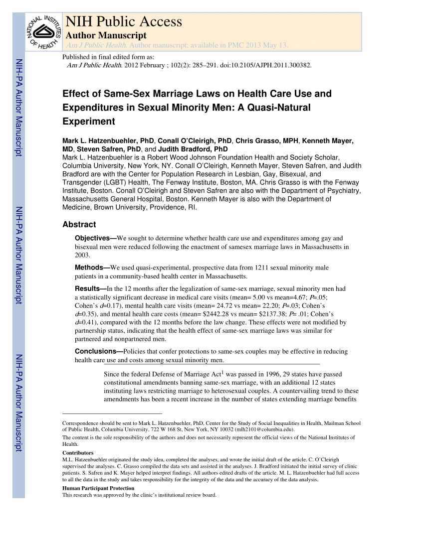 PDF) Effect of Same-Sex Marriage Laws on Health Care Use and Expenditures in Sexual Minority Men A Quasi-Natural Experiment