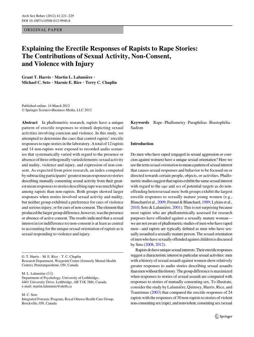 PDF) Explaining the Erectile Responses of Rapists to Rape Stories: The  Contributions of Sexual Activity, Non-Consent, and Violence with Injury