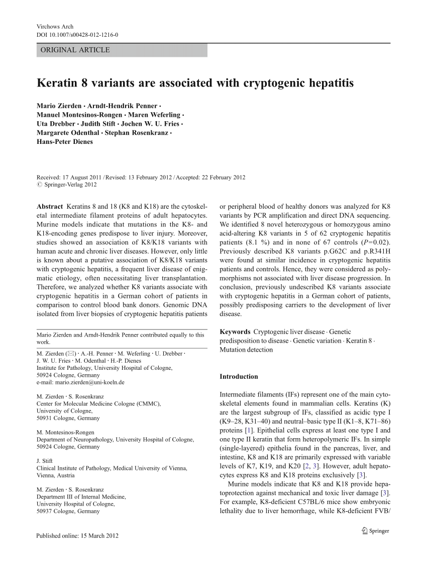 Pdf Keratin 8 Variants Are Associated With Cryptogenic Hepatitis