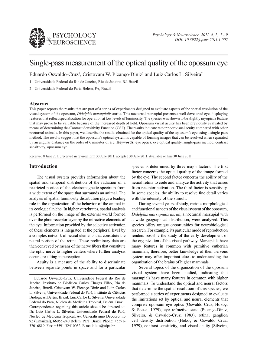 (PDF) Singlepass measurement of the optical quality of the opossum eye