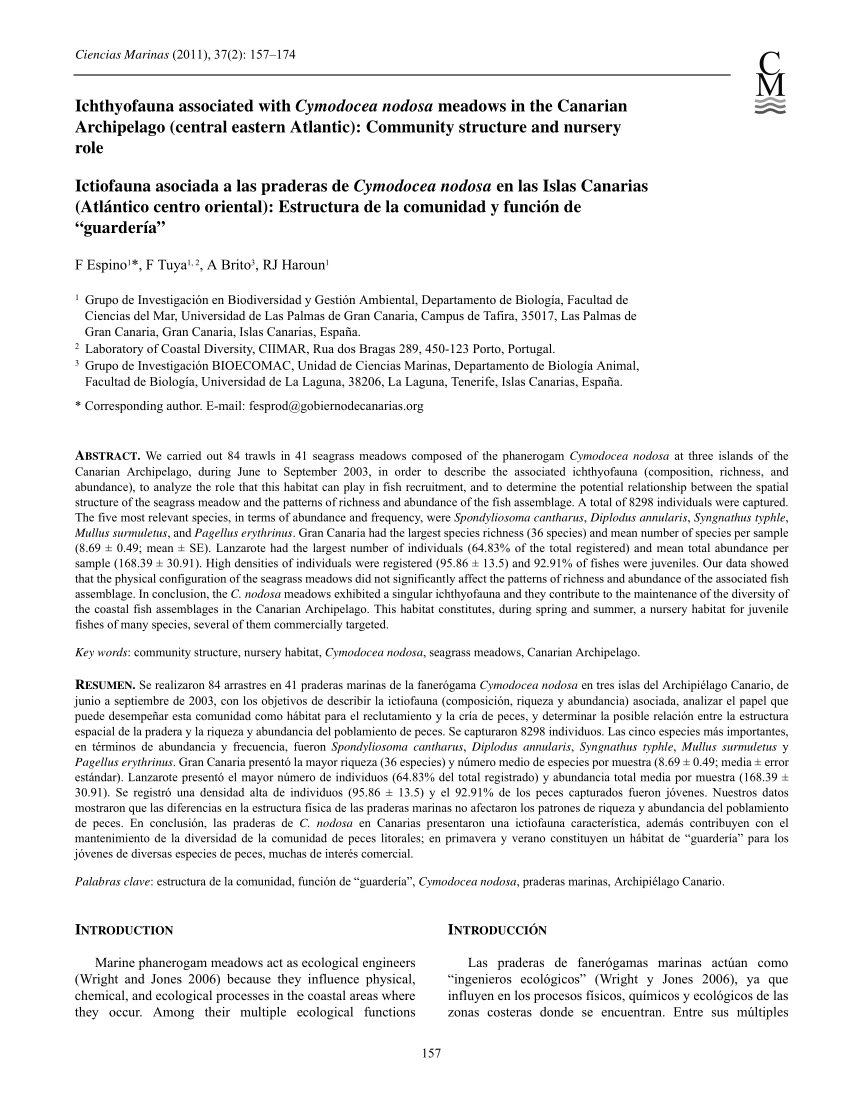 Responder toxicidad Por el contrario PDF) Ichthyofauna associated with Cymodocea nodosa meadows in the Canarian  Archipelago (central eastern Atlantic): Community structure and nursery role