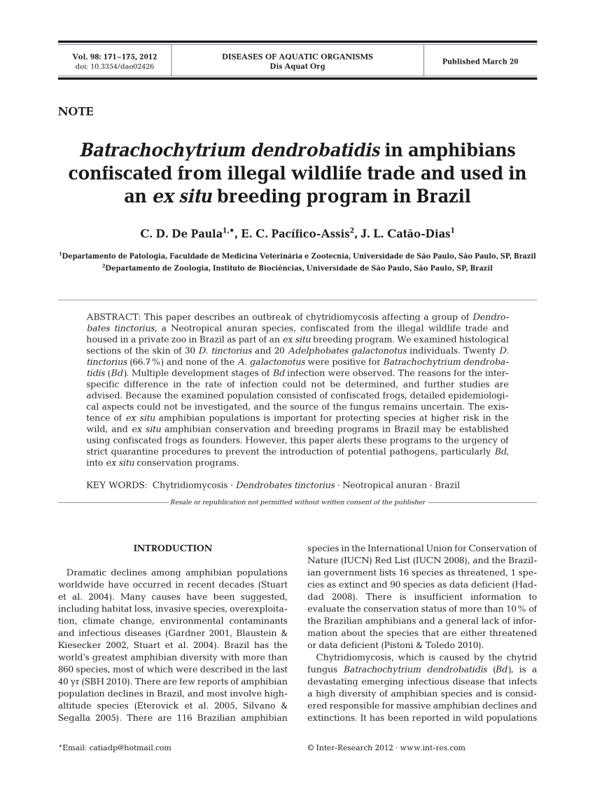 Pdf Batrachochytrium Dendrobatidis In Amphibians Confiscated From Illegal Wildlife Trade And Used In An Ex Situ Breeding Program In Brazil
