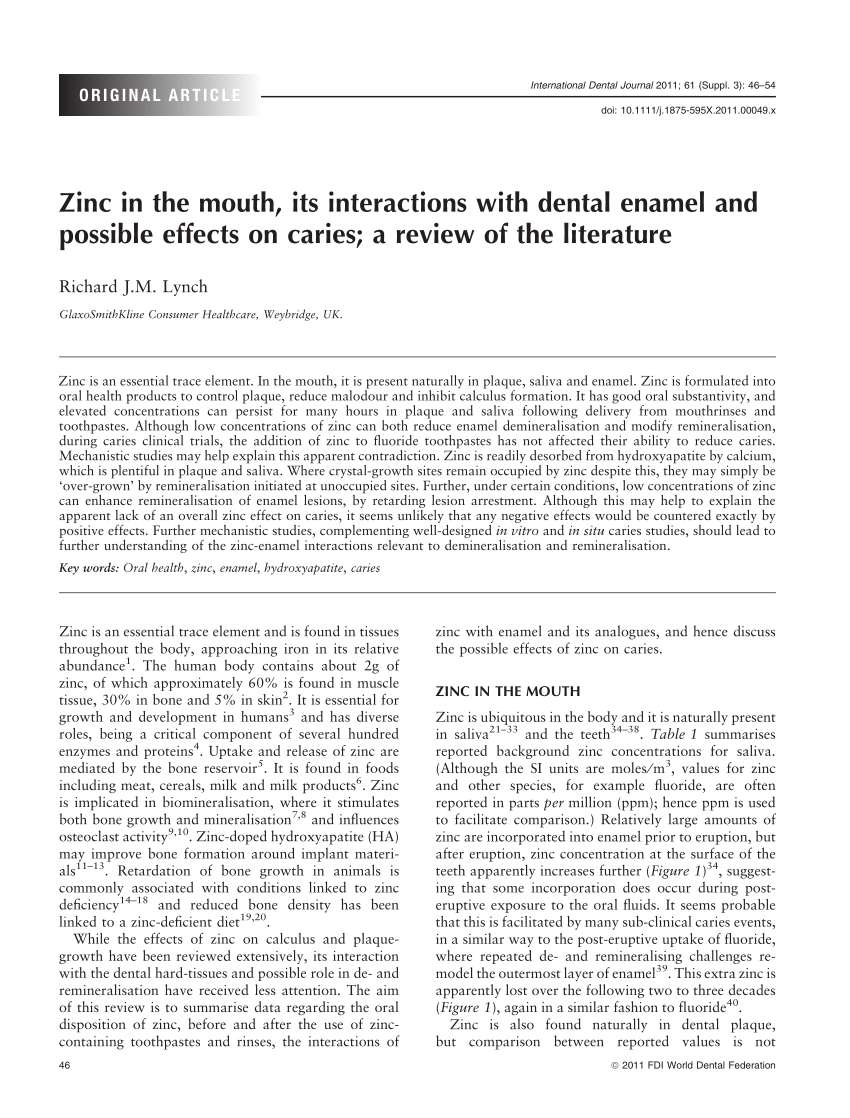 Pdf Zinc In The Mouth Its Interactions With Dental Enamel And Possible Effects On Caries A Review Of The Literature