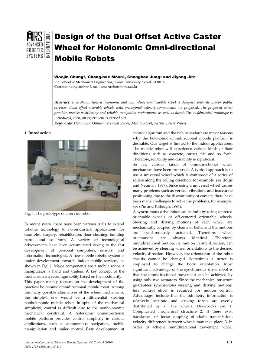 Pdf Design Of The Dual Offset Active Caster Wheel For Holonomic Omni Directional Mobile Robots