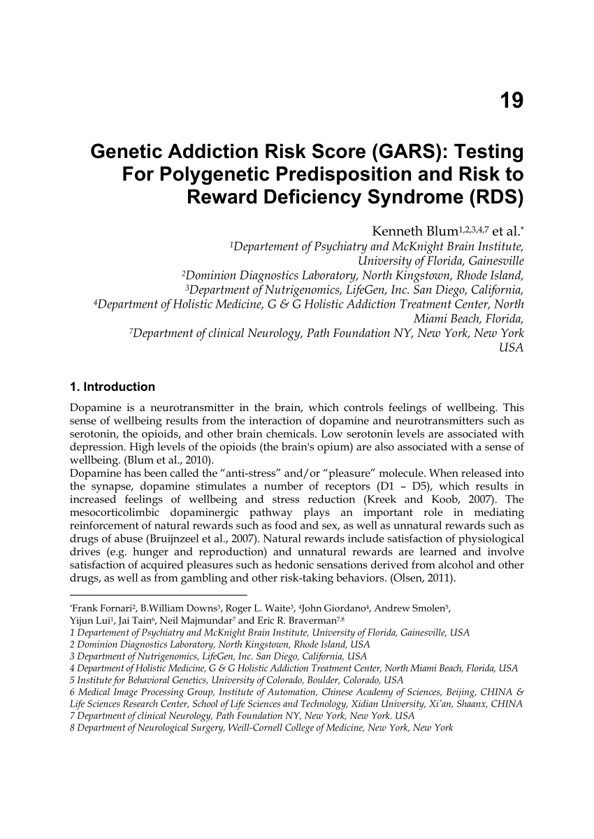 PDF) Genetic Addiction Risk Score (GARS): Testing For Polygenetic 