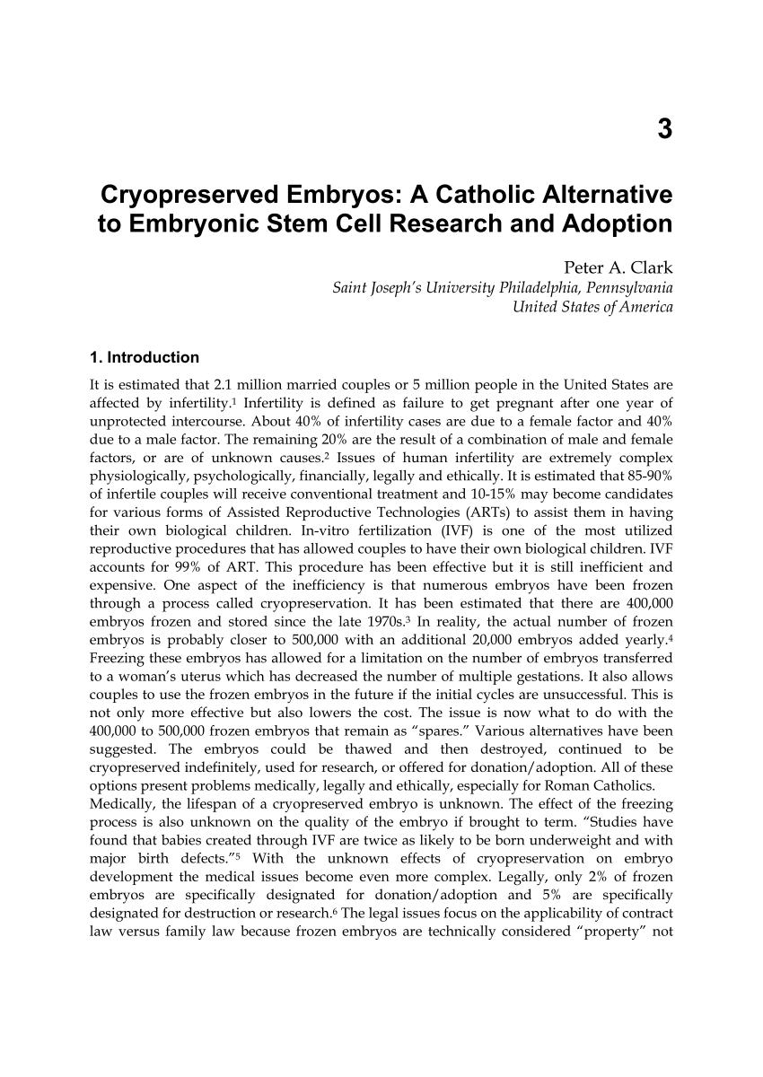 (PDF) Cryopreserved Embryos A Catholic Alternative to Embryonic Stem