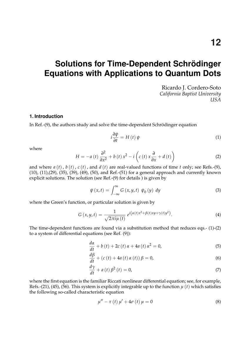 Pdf Solutions For Time Dependent Schr Dinger Equations With Applications To Quantum Dots