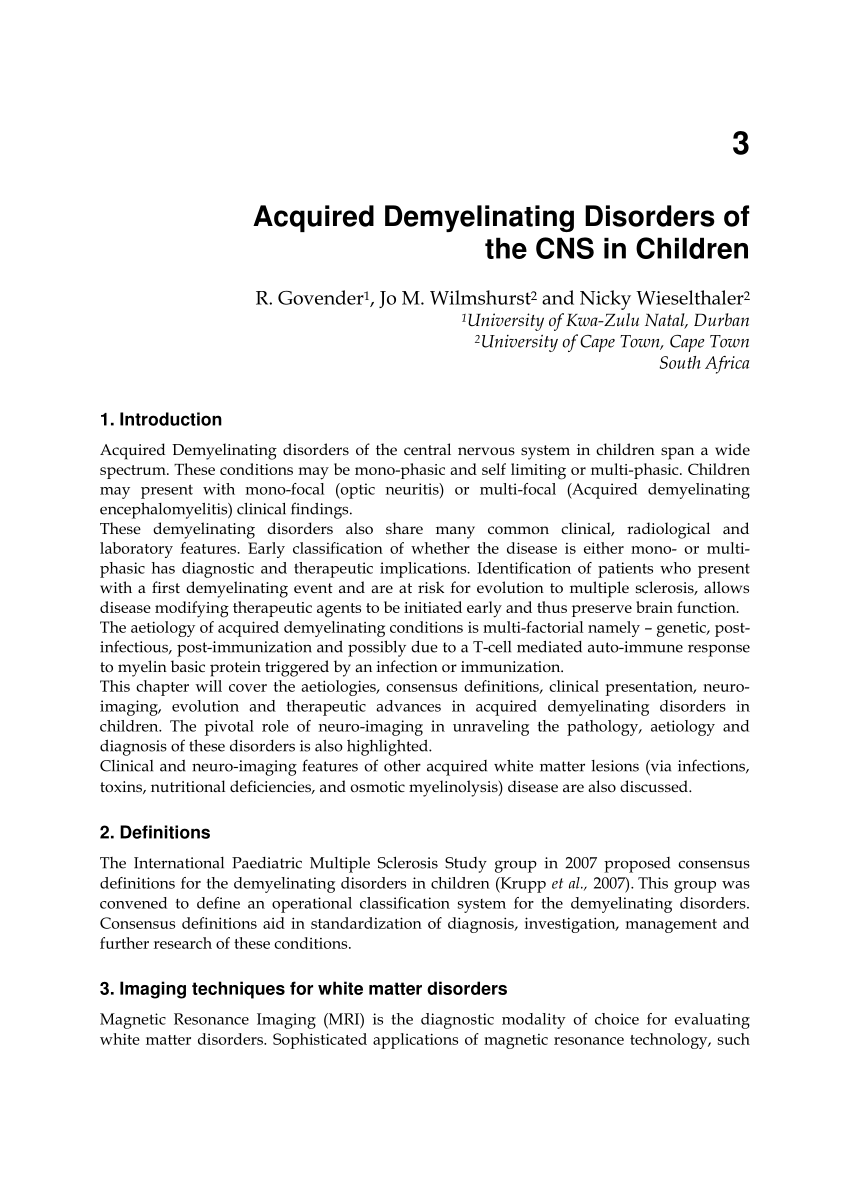 Pdf Acquired Demyelinating Disorders Of The Cns In Children
