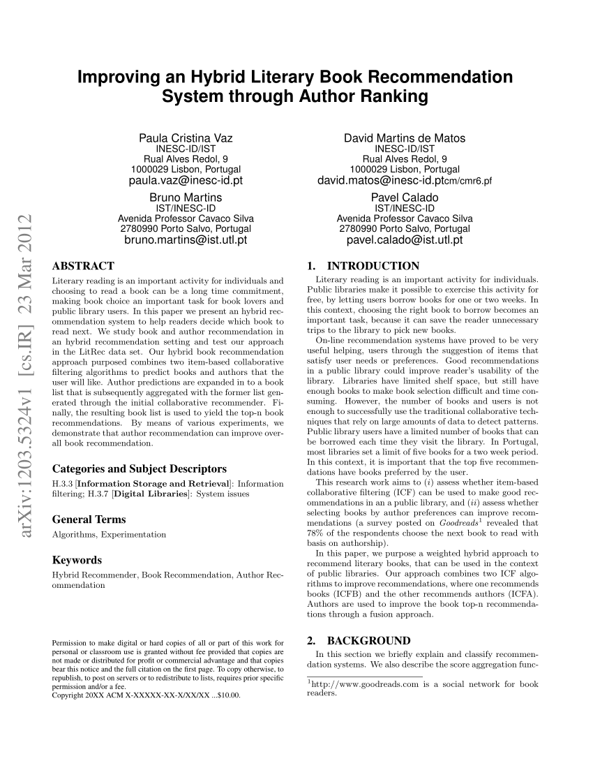 Pdf Improving An Hybrid Literary Book Recommendation System Through Author Ranking 6860